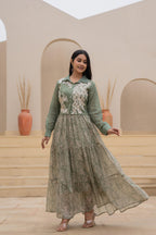 Juniper Green Shirt-Style Dress with Off White Embroidery & Tiered Floral Maxi Skirt | Grocsy