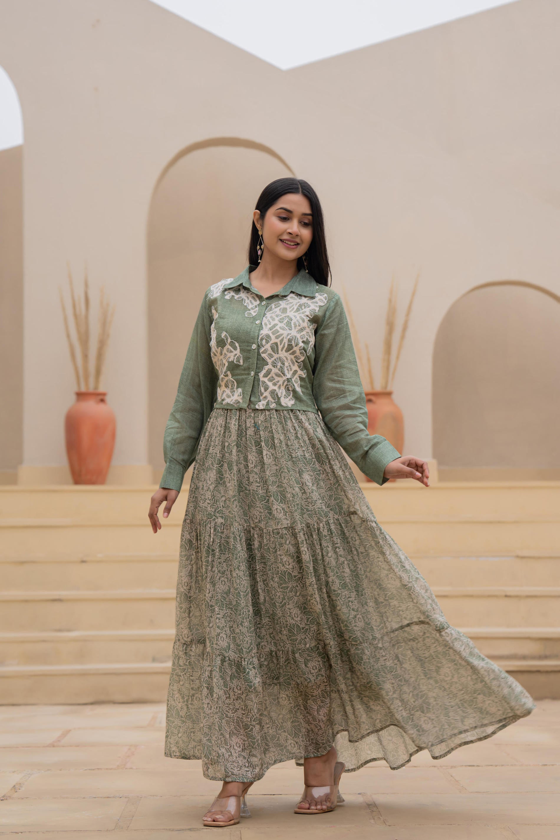 Juniper Green Shirt-Style Dress with Off White Embroidery & Tiered Floral Maxi Skirt | Grocsy
