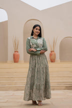 Juniper Green Shirt-Style Dress with Off White Embroidery & Tiered Floral Maxi Skirt | Grocsy