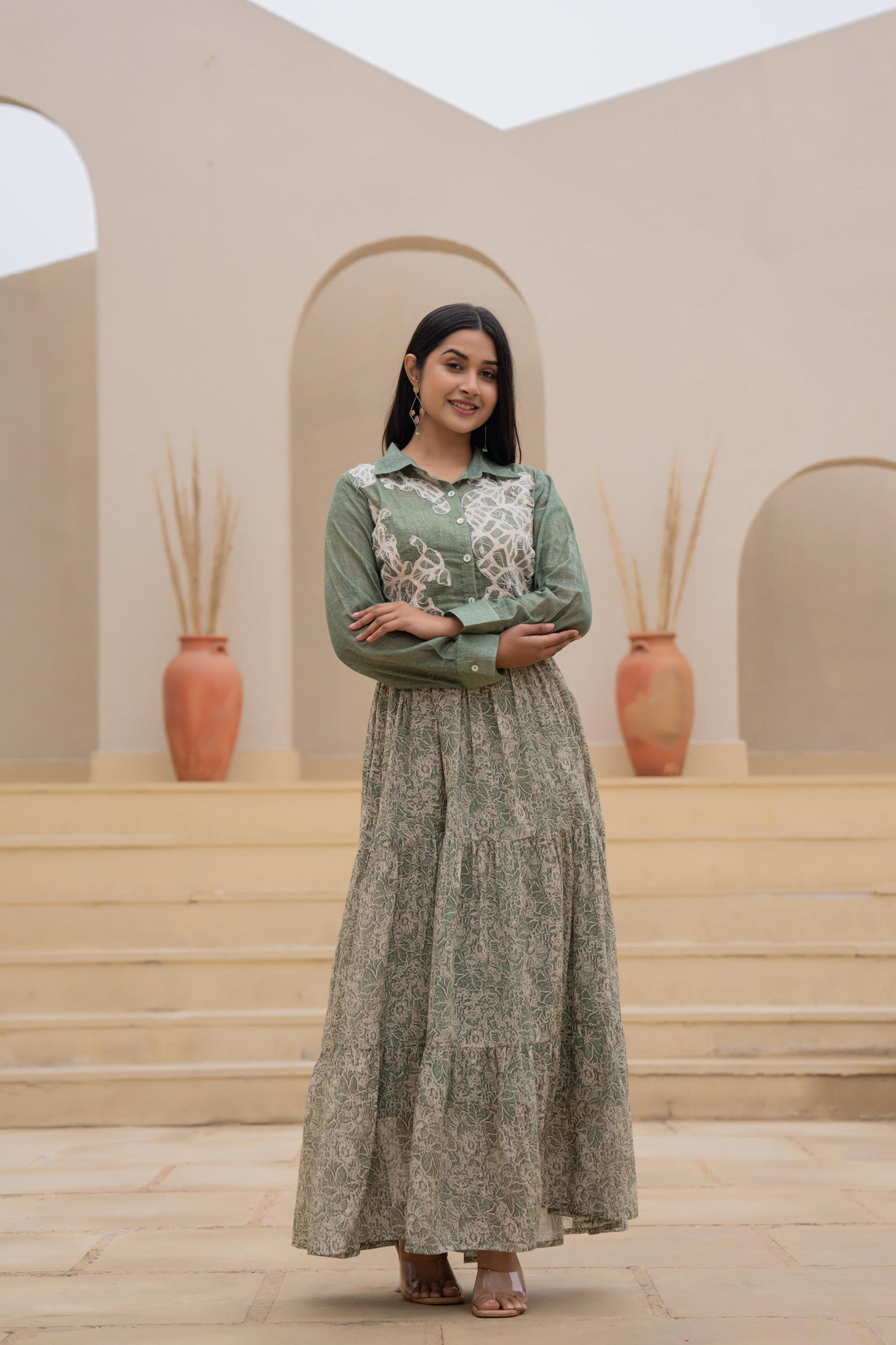Juniper Green Shirt-Style Dress with Off White Embroidery & Tiered Floral Maxi Skirt | Grocsy