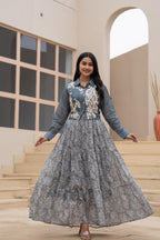 Juniper Grey Shirt-Style Dress with Off White Embroidery & Tiered Floral Maxi Skirt | Grocsy