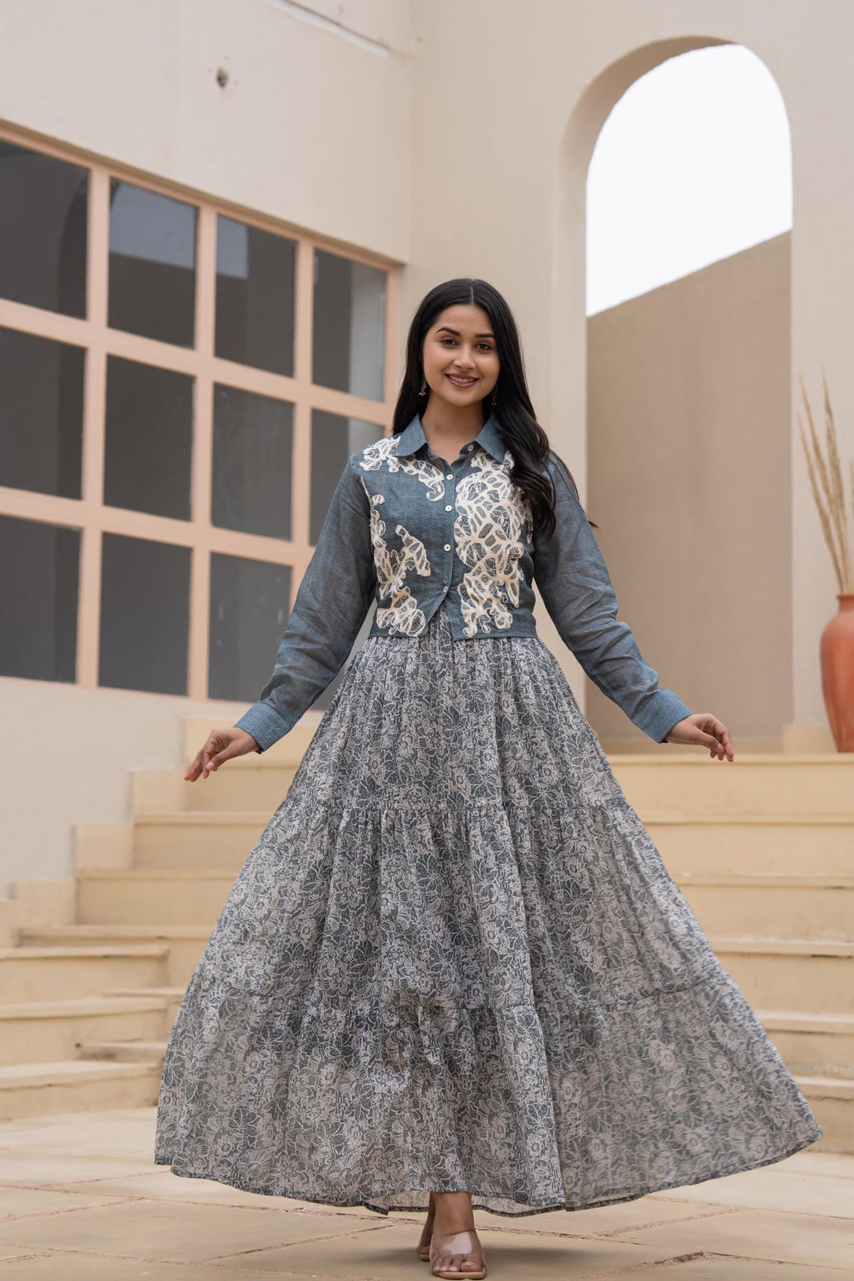 Juniper Grey Shirt-Style Dress with Off White Embroidery & Tiered Floral Maxi Skirt | Grocsy