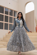 Juniper Grey Shirt-Style Dress With Off White Embroidery & Tiered Floral Maxi Skirt | Grocsy