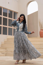 Juniper Grey Shirt-Style Dress with Off White Embroidery & Tiered Floral Maxi Skirt | Grocsy