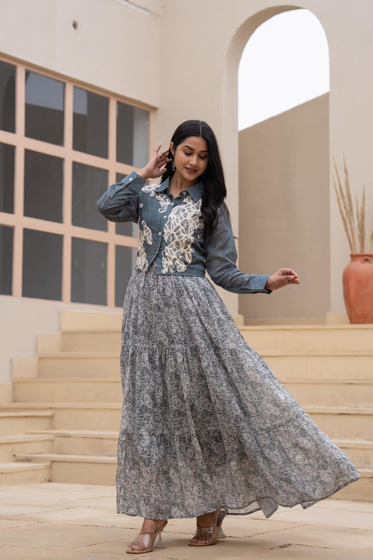 Juniper Grey Shirt-Style Dress with Off White Embroidery & Tiered Floral Maxi Skirt | Grocsy