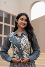 Juniper Grey Shirt-Style Dress with Off White Embroidery & Tiered Floral Maxi Skirt | Grocsy