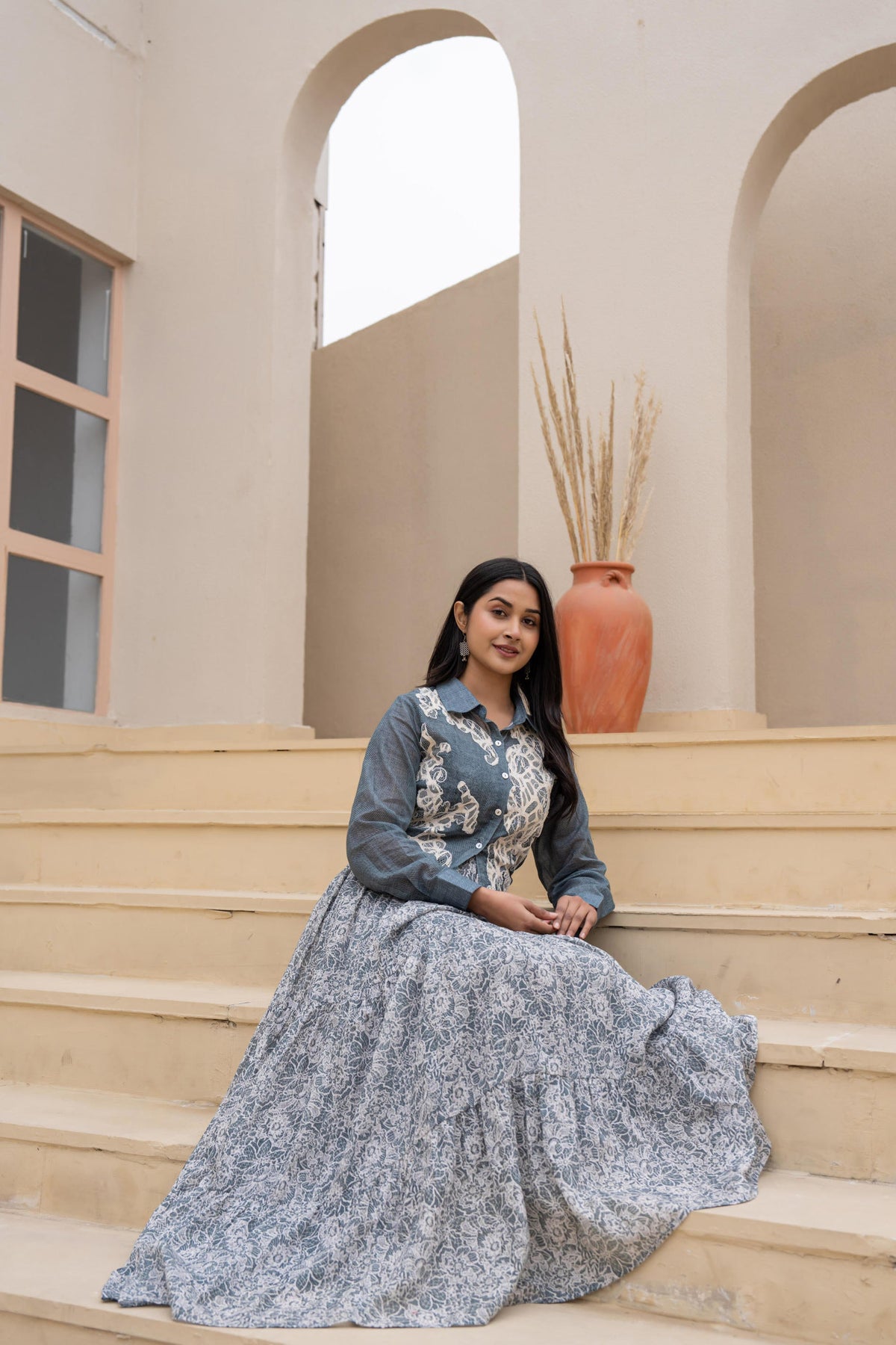 Juniper Grey Shirt-Style Dress with Off White Embroidery & Tiered Floral Maxi Skirt | Grocsy