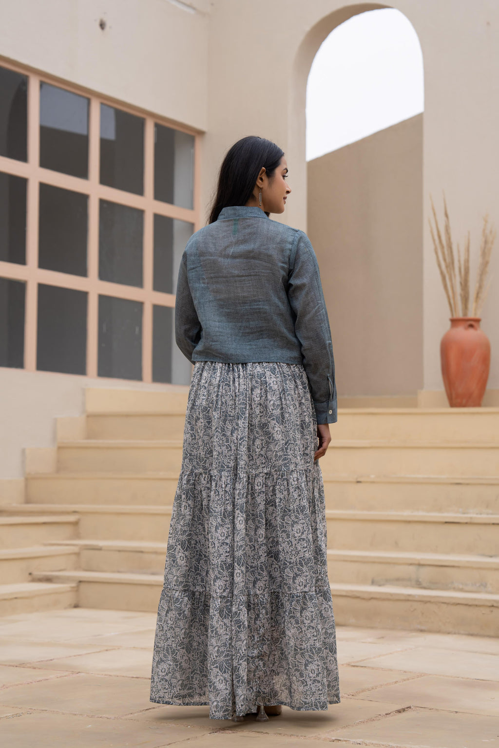 Juniper Grey Shirt-Style Dress with Off White Embroidery & Tiered Floral Maxi Skirt | Grocsy