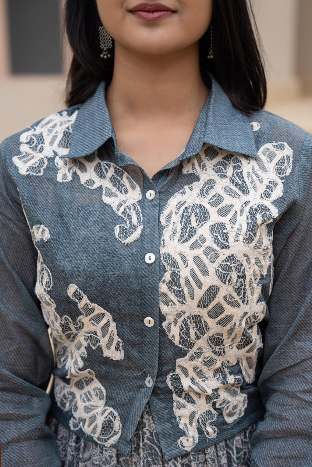 Juniper Grey Shirt-Style Dress with Off White Embroidery & Tiered Floral Maxi Skirt | Grocsy
