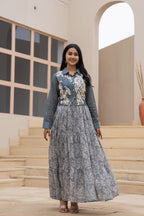 Juniper Grey Shirt-Style Dress with Off White Embroidery & Tiered Floral Maxi Skirt | Grocsy