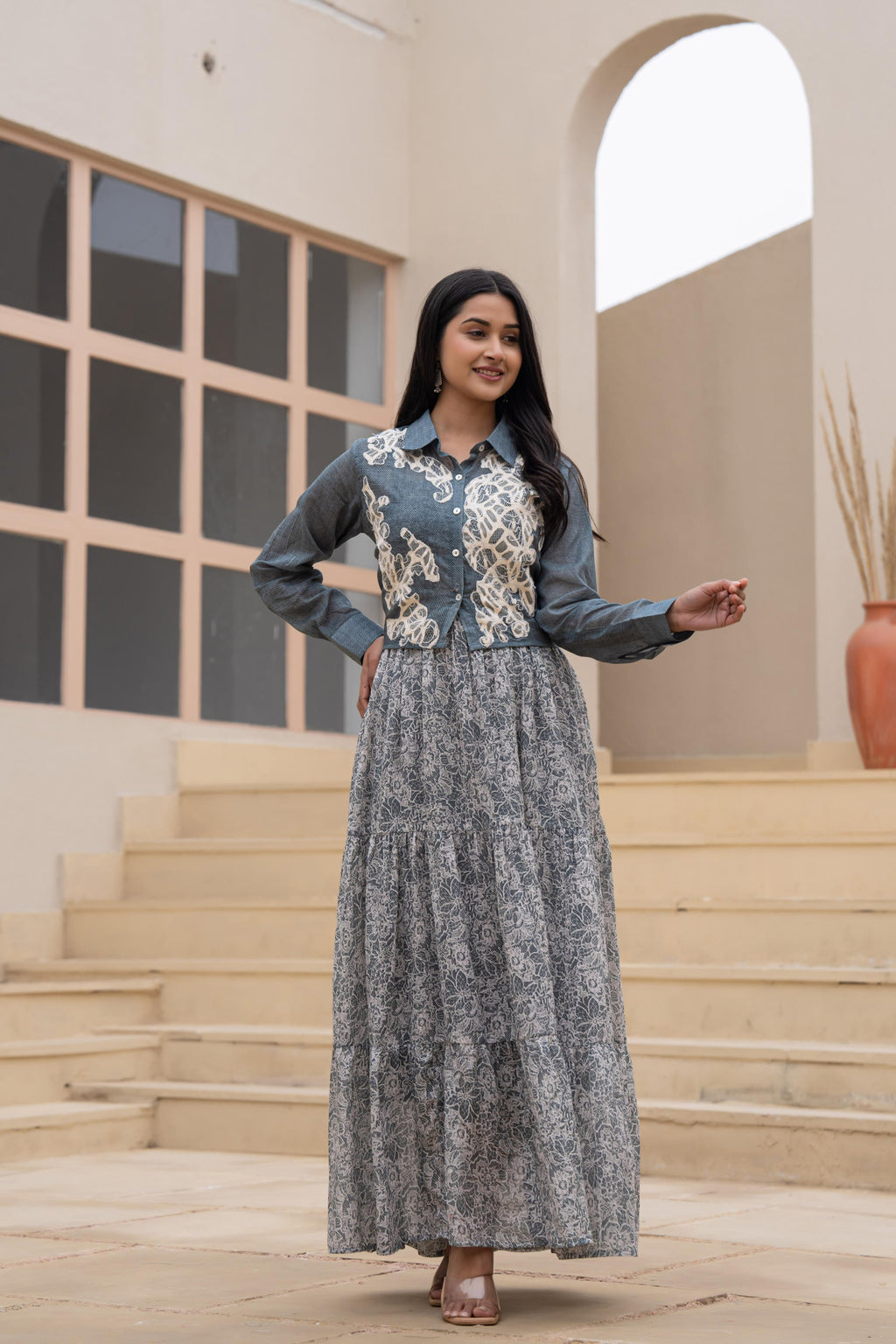 Juniper Grey Shirt-Style Dress with Off White Embroidery & Tiered Floral Maxi Skirt | Grocsy