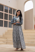 Juniper Grey Shirt-Style Dress with Off White Embroidery & Tiered Floral Maxi Skirt | Grocsy