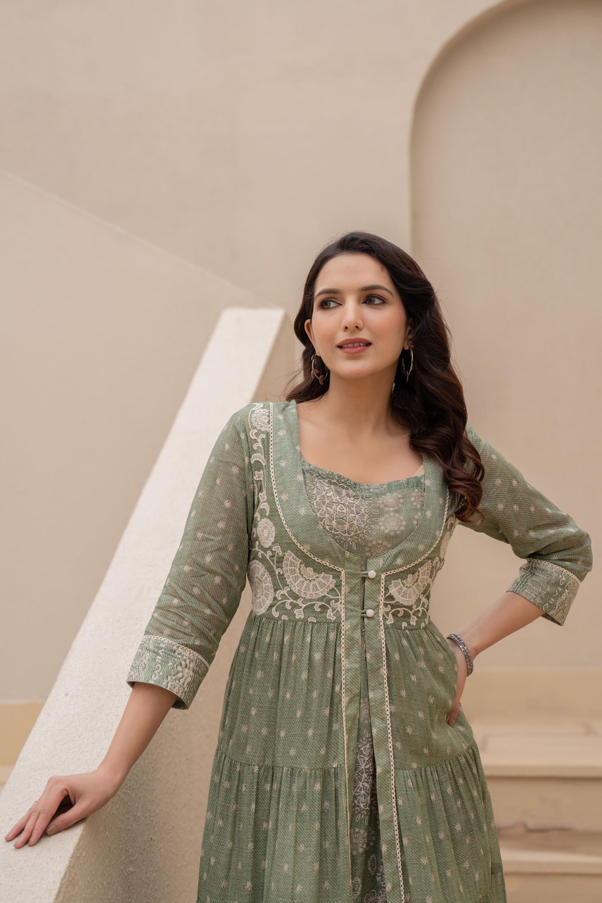 Juniper Sage Green Embroidered Flared Maxi Dress with Inner Slip and Button-Down Detailing | Grocsy