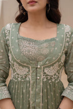 Juniper Sage Green Embroidered Flared Maxi Dress with Inner Slip and Button-Down Detailing | Grocsy