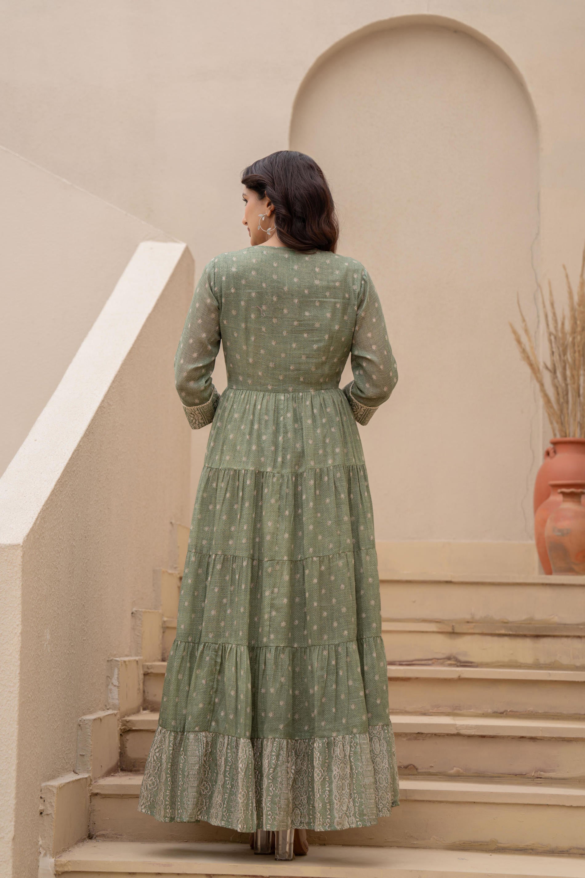 Juniper Sage Green Embroidered Flared Maxi Dress with Inner Slip and Button-Down Detailing | Grocsy