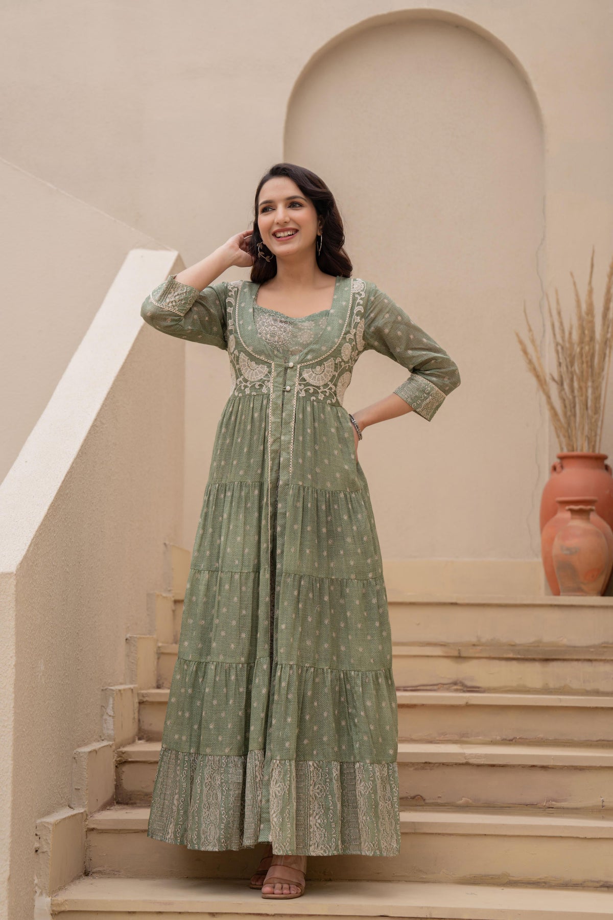 Juniper Sage Green Embroidered Flared Maxi Dress with Inner Slip and Button-Down Detailing | Grocsy
