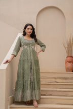 Juniper Sage Green Embroidered Flared Maxi Dress with Inner Slip and Button-Down Detailing | Grocsy