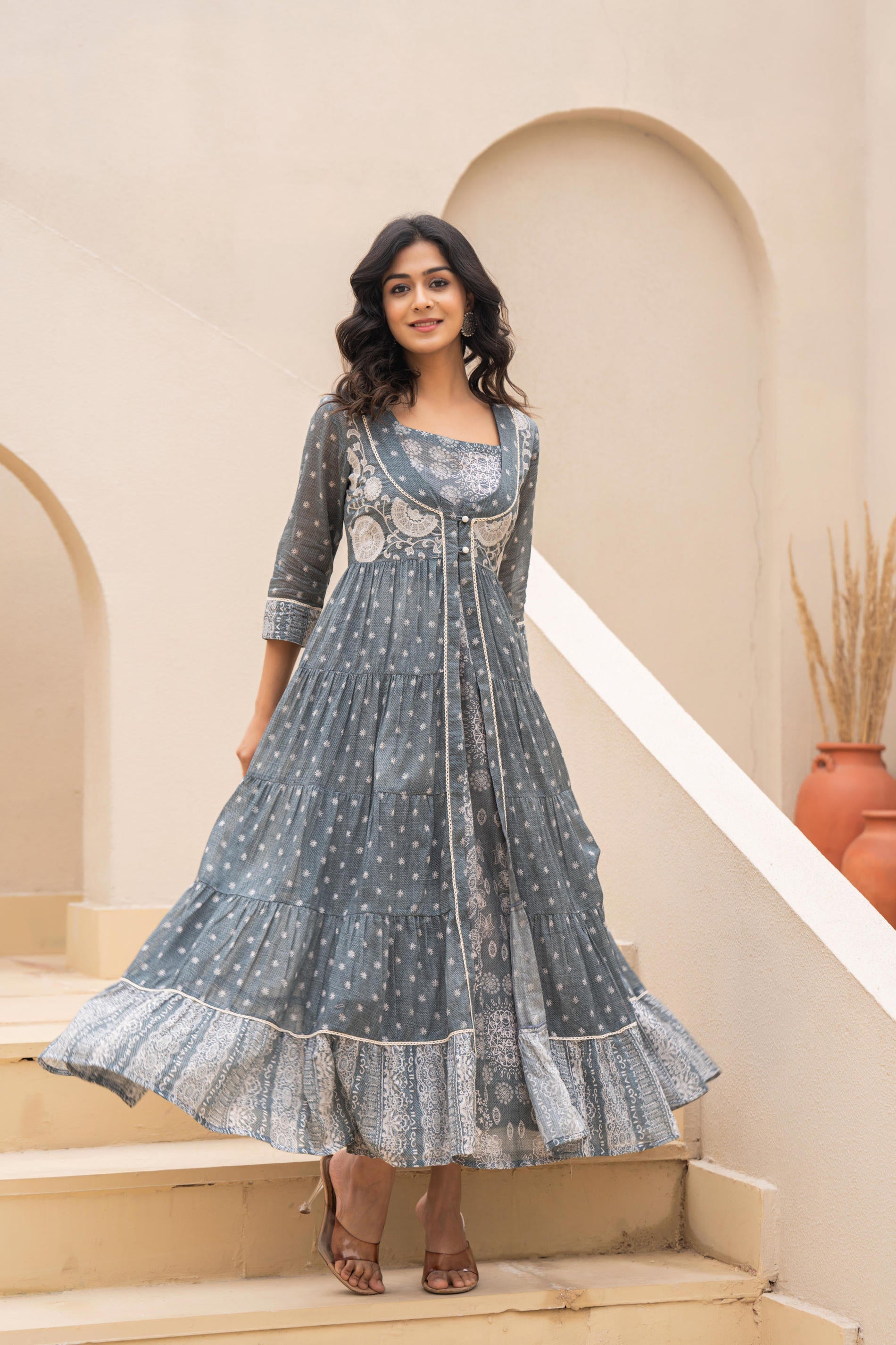 Juniper Grey Embroidered Flared Maxi Dress with Inner Slip and Button-Down Detailing | Grocsy