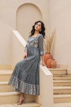 Juniper Grey Embroidered Flared Maxi Dress with Inner Slip and Button-Down Detailing | Grocsy