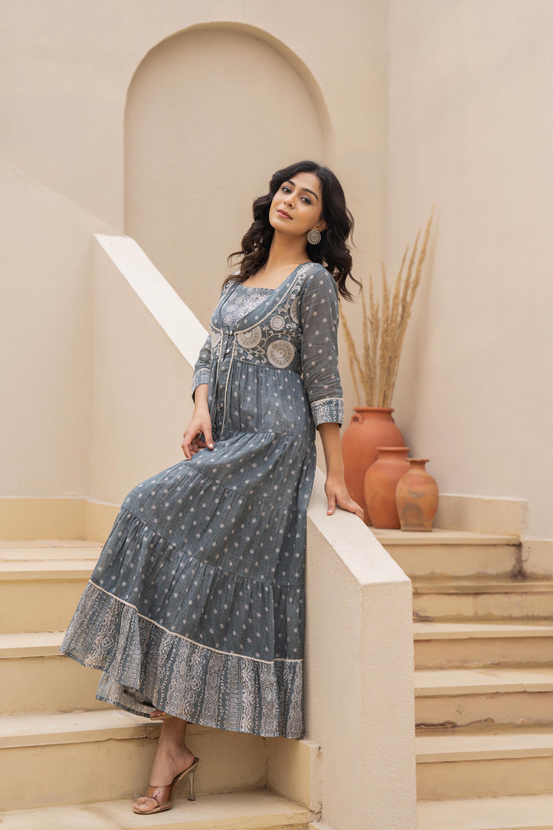 Juniper Grey Embroidered Flared Maxi Dress with Inner Slip and Button-Down Detailing | Grocsy