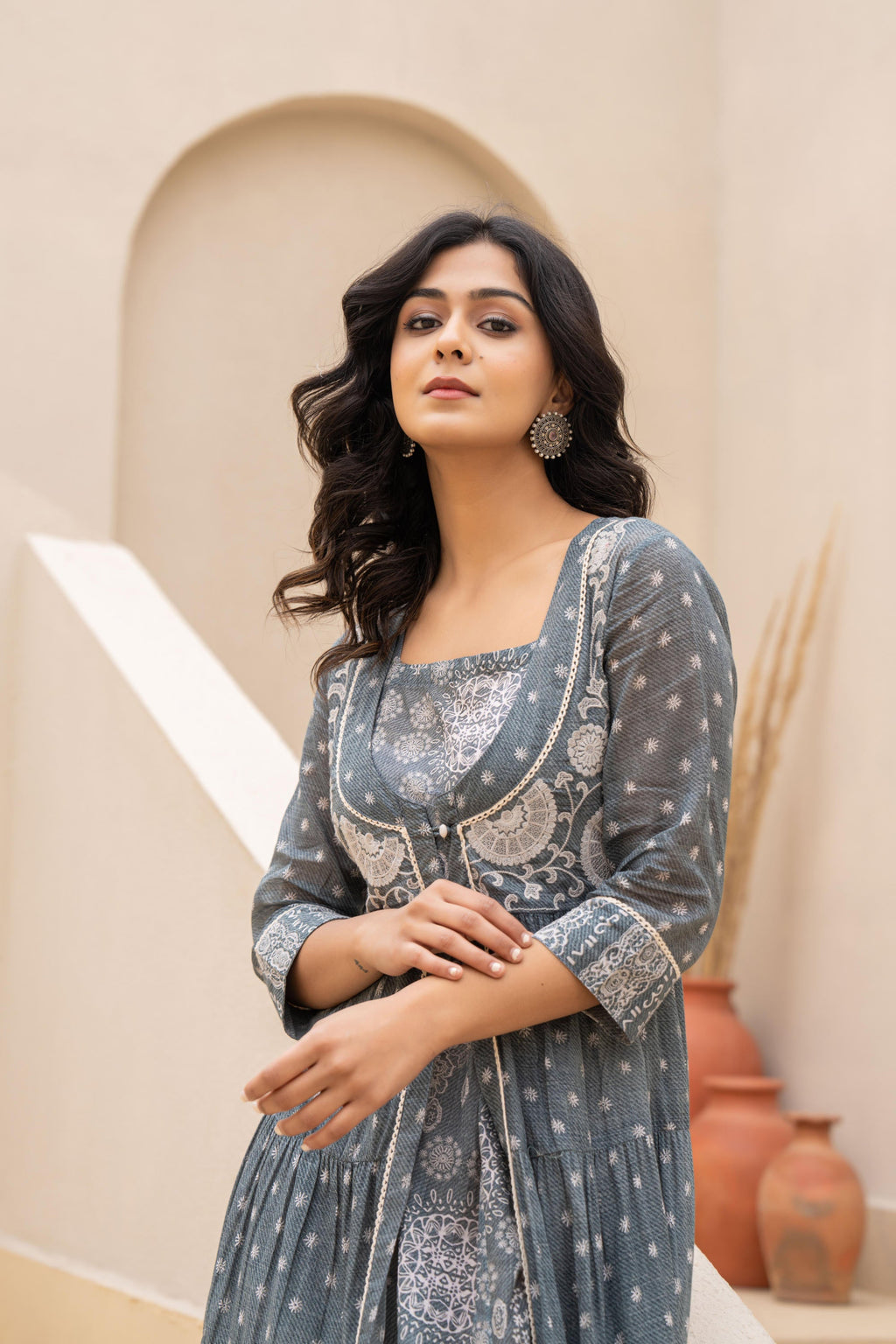 Juniper Grey Embroidered Flared Maxi Dress with Inner Slip and Button-Down Detailing | Grocsy