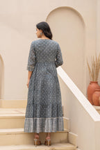 Juniper Grey Embroidered Flared Maxi Dress with Inner Slip and Button-Down Detailing | Grocsy
