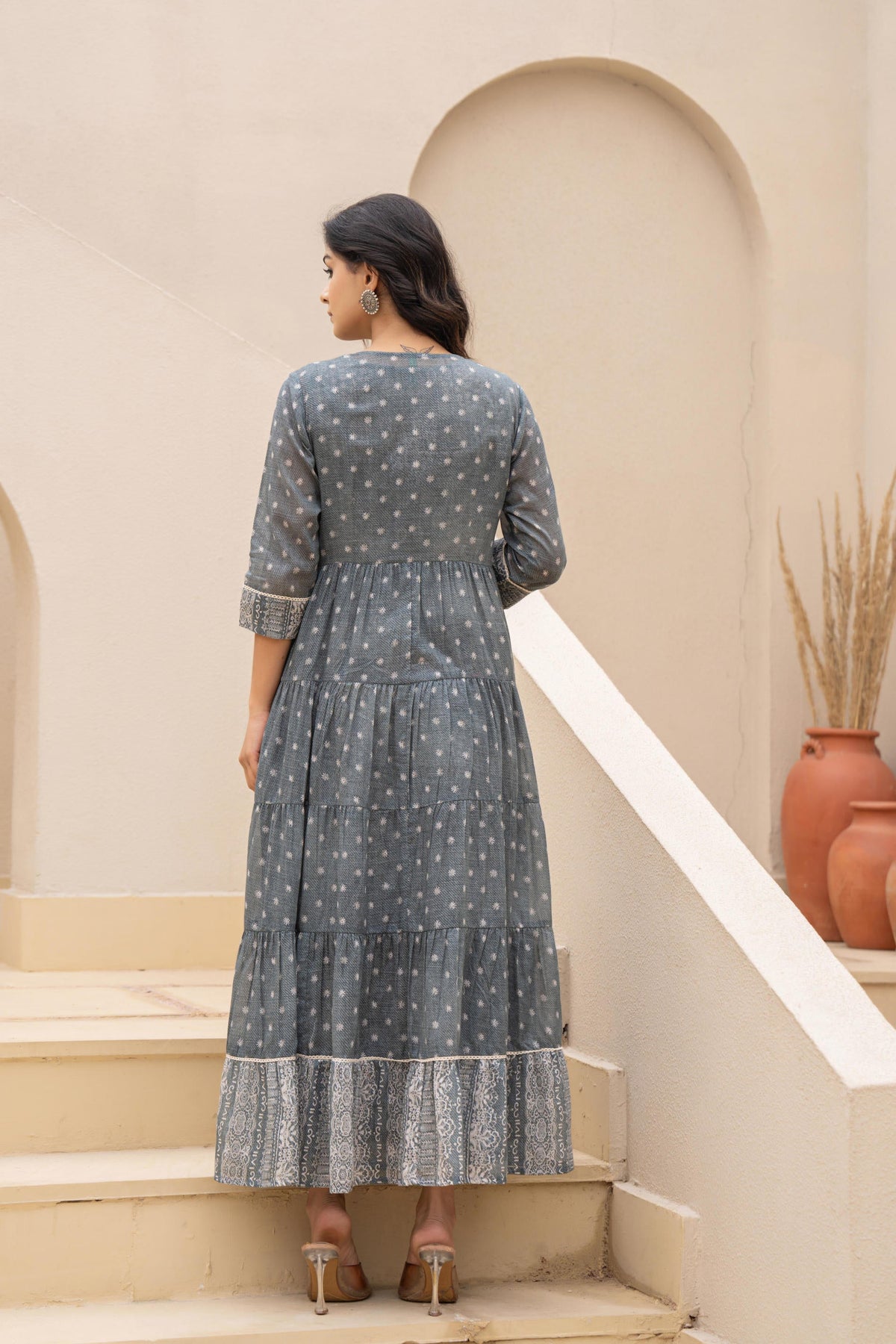 Juniper Grey Embroidered Flared Maxi Dress with Inner Slip and Button-Down Detailing | Grocsy