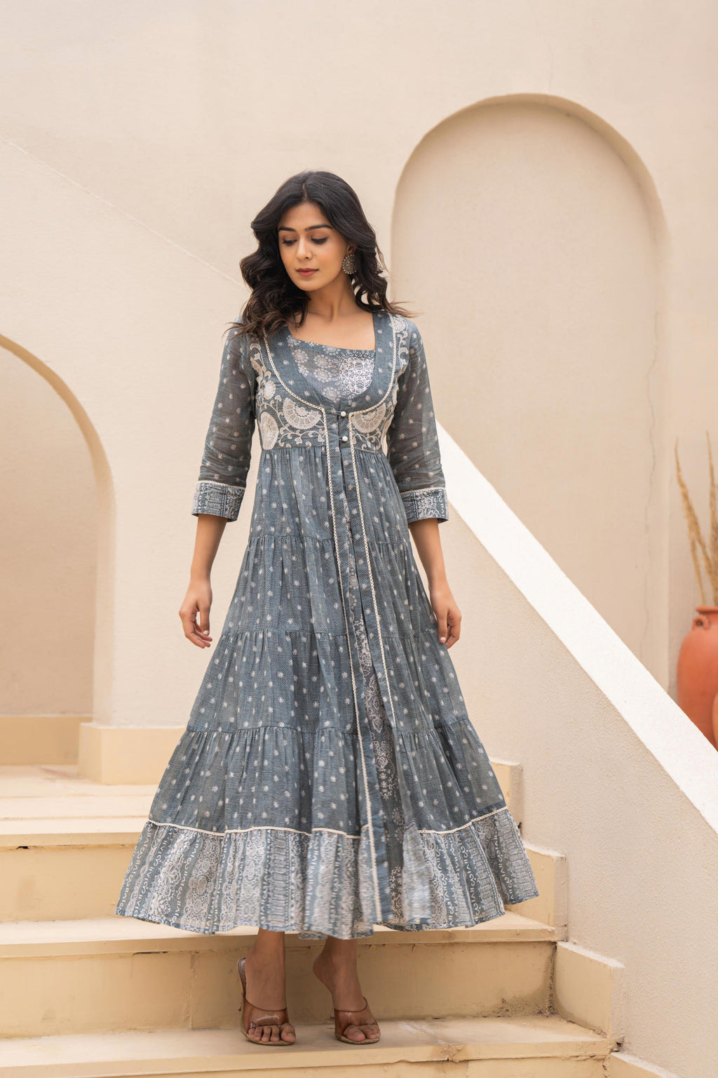 Juniper Grey Embroidered Flared Maxi Dress with Inner Slip and Button-Down Detailing | Grocsy