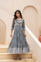 Juniper Grey Embroidered Flared Maxi Dress with Inner Slip and Button-Down Detailing | Grocsy