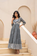 Juniper Grey Embroidered Flared Maxi Dress with Inner Slip and Button-Down Detailing | Grocsy