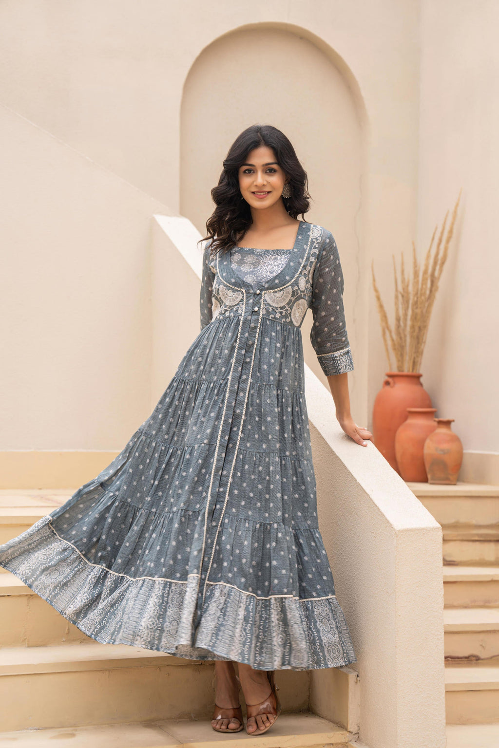 Juniper Grey Embroidered Flared Maxi Dress with Inner Slip and Button-Down Detailing | Grocsy