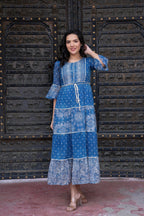 Juniper Blue Floral Printed Cotton Dress with Dori, Cotton Lace & Bead Work | Grocsy