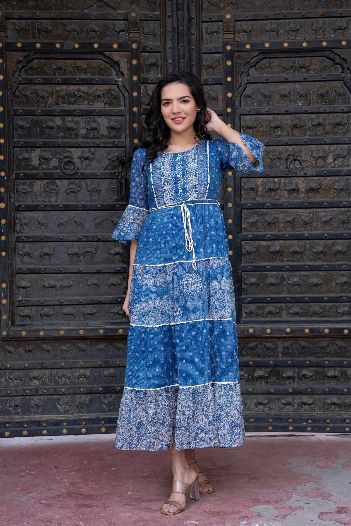 Juniper Blue Floral Printed Cotton Dress with Dori, Cotton Lace & Bead Work | Grocsy