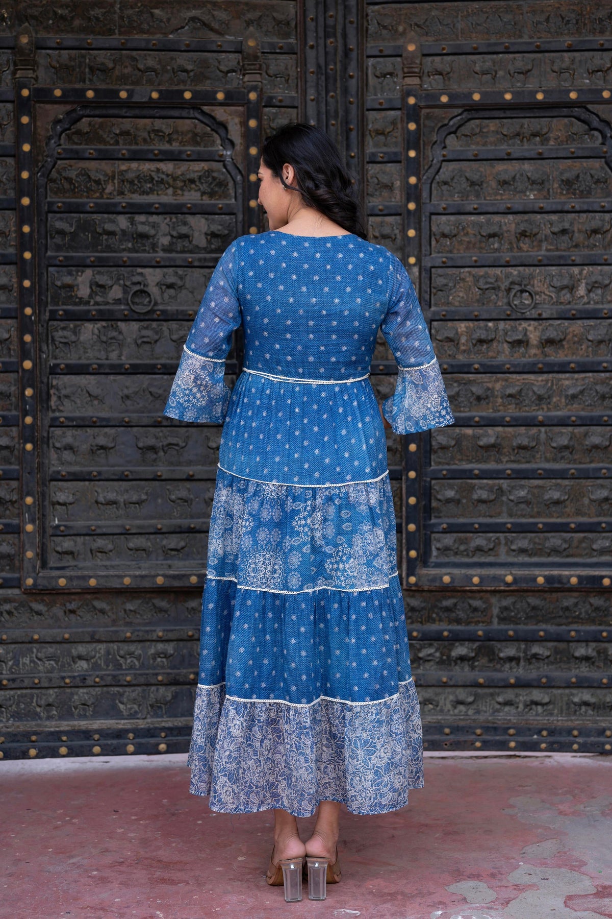 Juniper Blue Floral Printed Cotton Dress with Dori, Cotton Lace & Bead Work | Grocsy