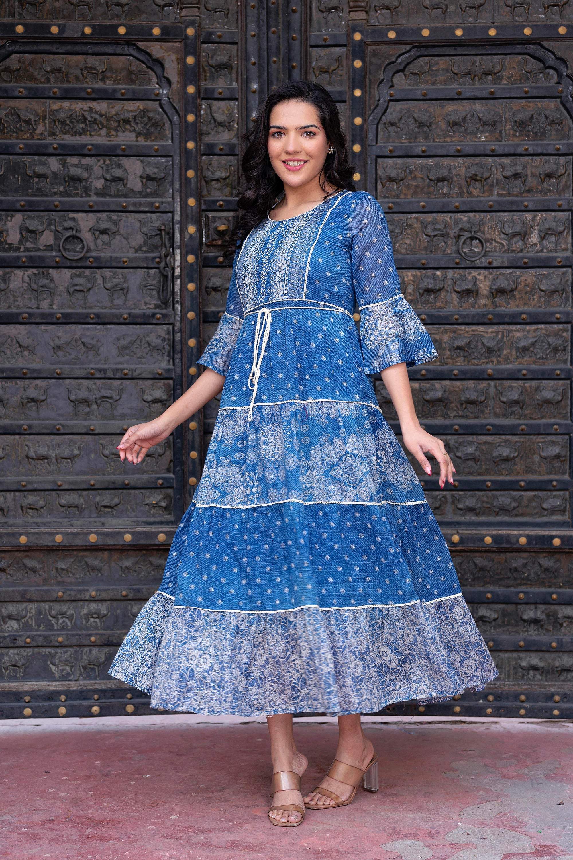 Juniper Blue Floral Printed Cotton Dress with Dori, Cotton Lace & Bead Work | Grocsy