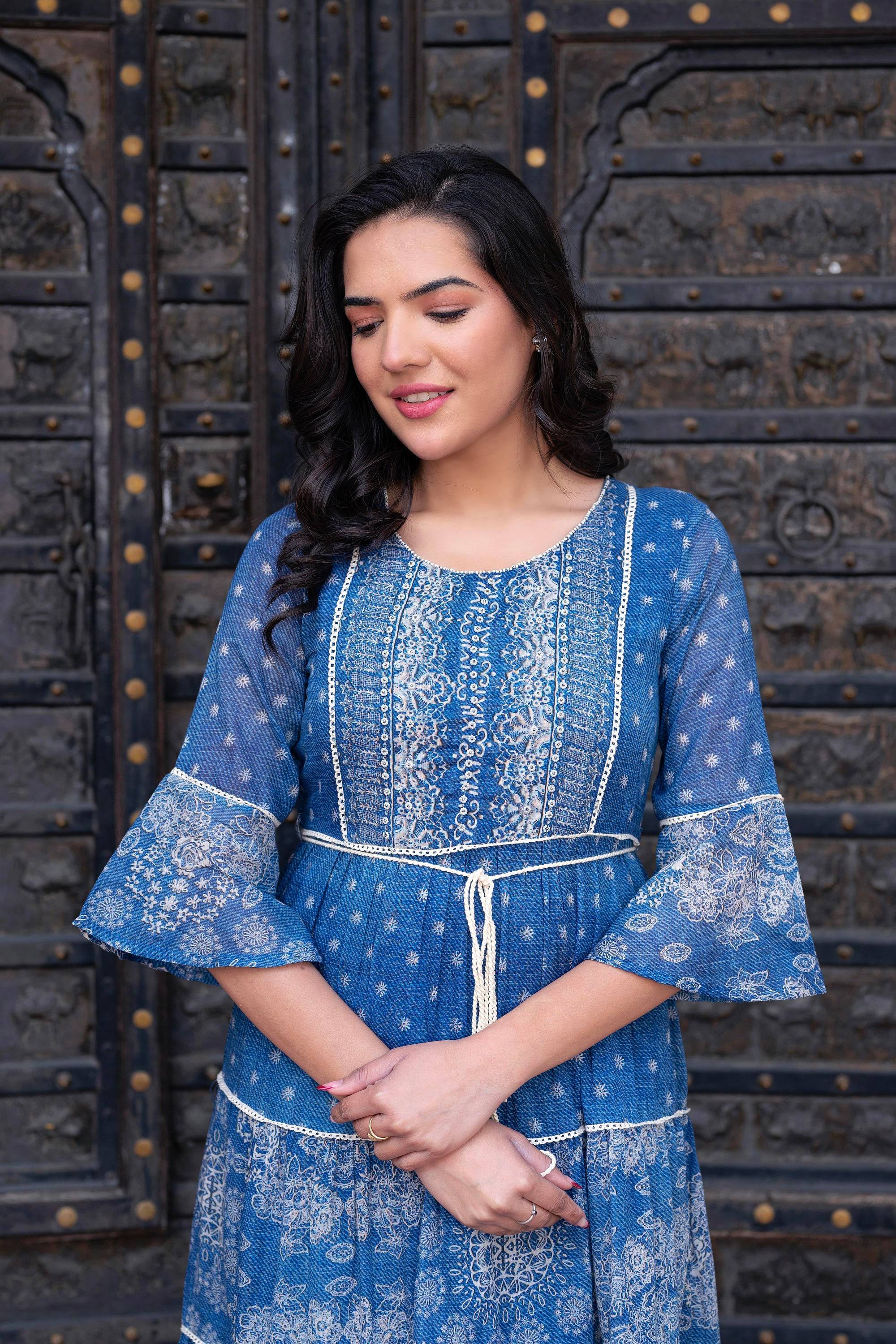 Juniper Blue Floral Printed Cotton Dress with Dori, Cotton Lace & Bead Work | Grocsy