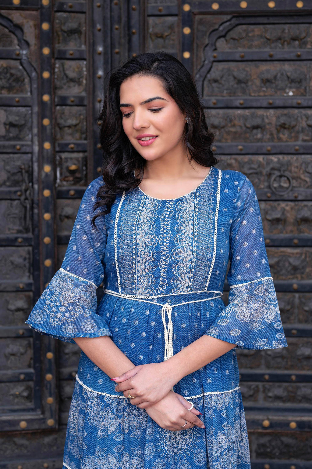 Juniper Blue Floral Printed Cotton Dress With Dori, Cotton Lace & Bead Work | Grocsy
