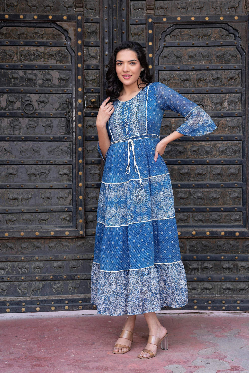 Juniper Blue Floral Printed Cotton Dress with Dori, Cotton Lace & Bead Work | Grocsy