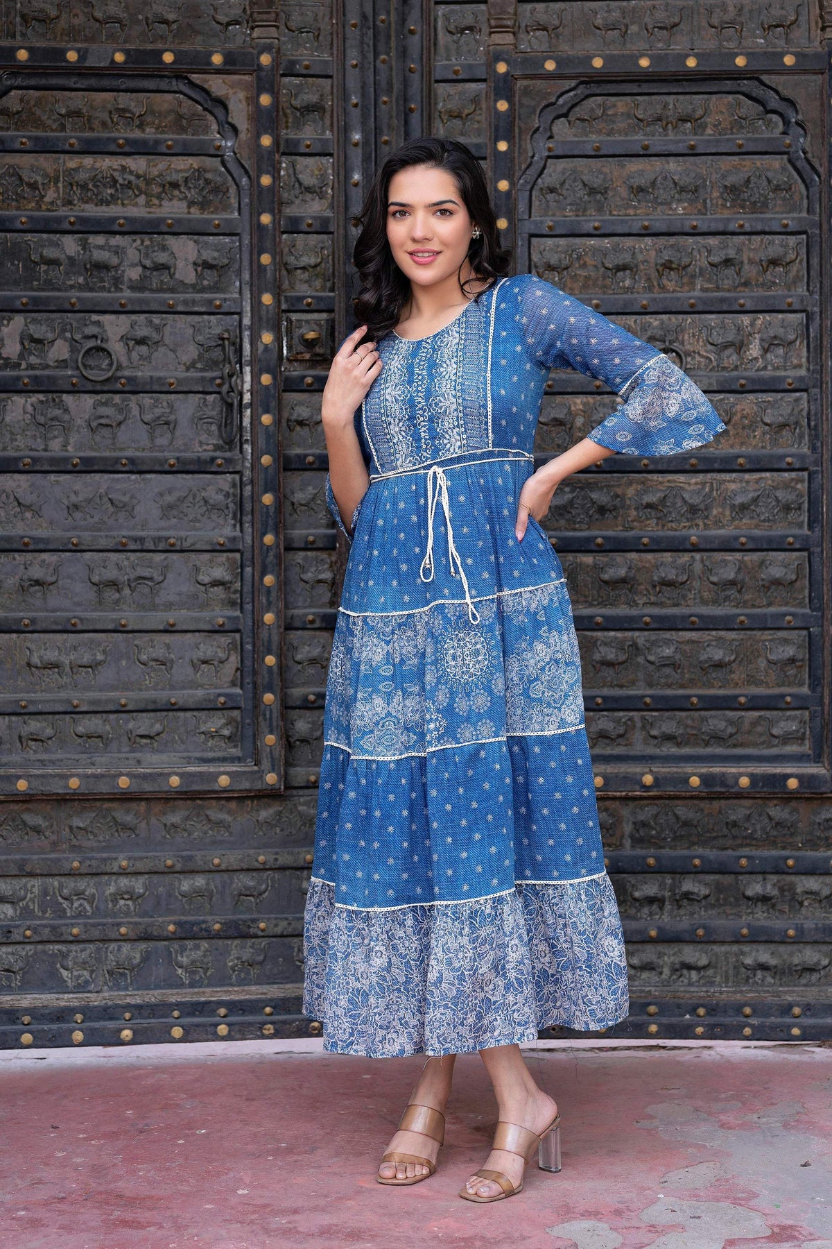 Juniper Blue Floral Printed Cotton Dress with Dori, Cotton Lace & Bead Work | Grocsy