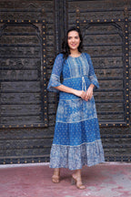 Juniper Blue Floral Printed Cotton Dress with Dori, Cotton Lace & Bead Work | Grocsy