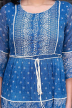 Juniper Blue Floral Printed Cotton Dress with Dori, Cotton Lace & Bead Work | Grocsy