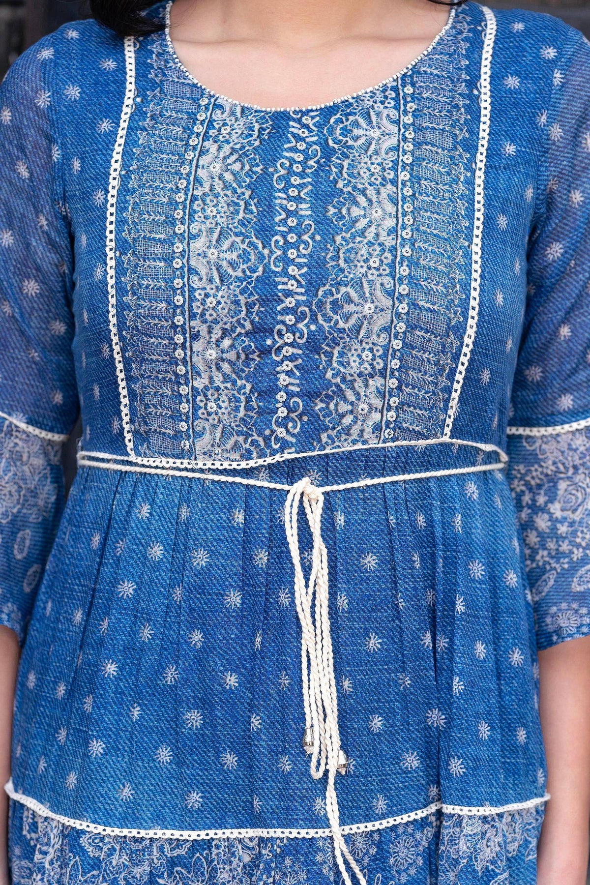Juniper Blue Floral Printed Cotton Dress with Dori, Cotton Lace & Bead Work | Grocsy