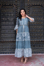 Juniper Grey Floral Printed Cotton Dress with Dori, Cotton Lace & Bead Work | Grocsy
