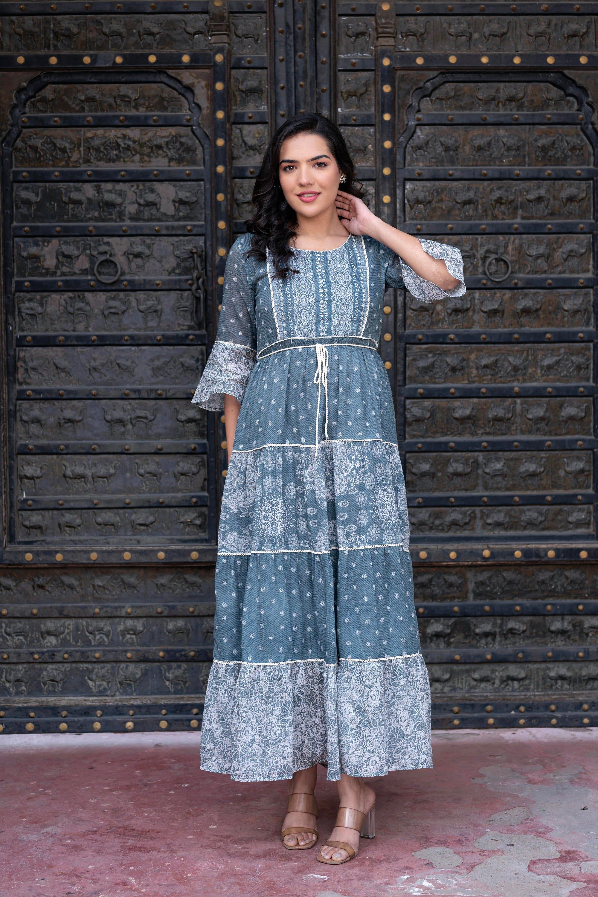 Juniper Grey Floral Printed Cotton Dress with Dori, Cotton Lace & Bead Work | Grocsy