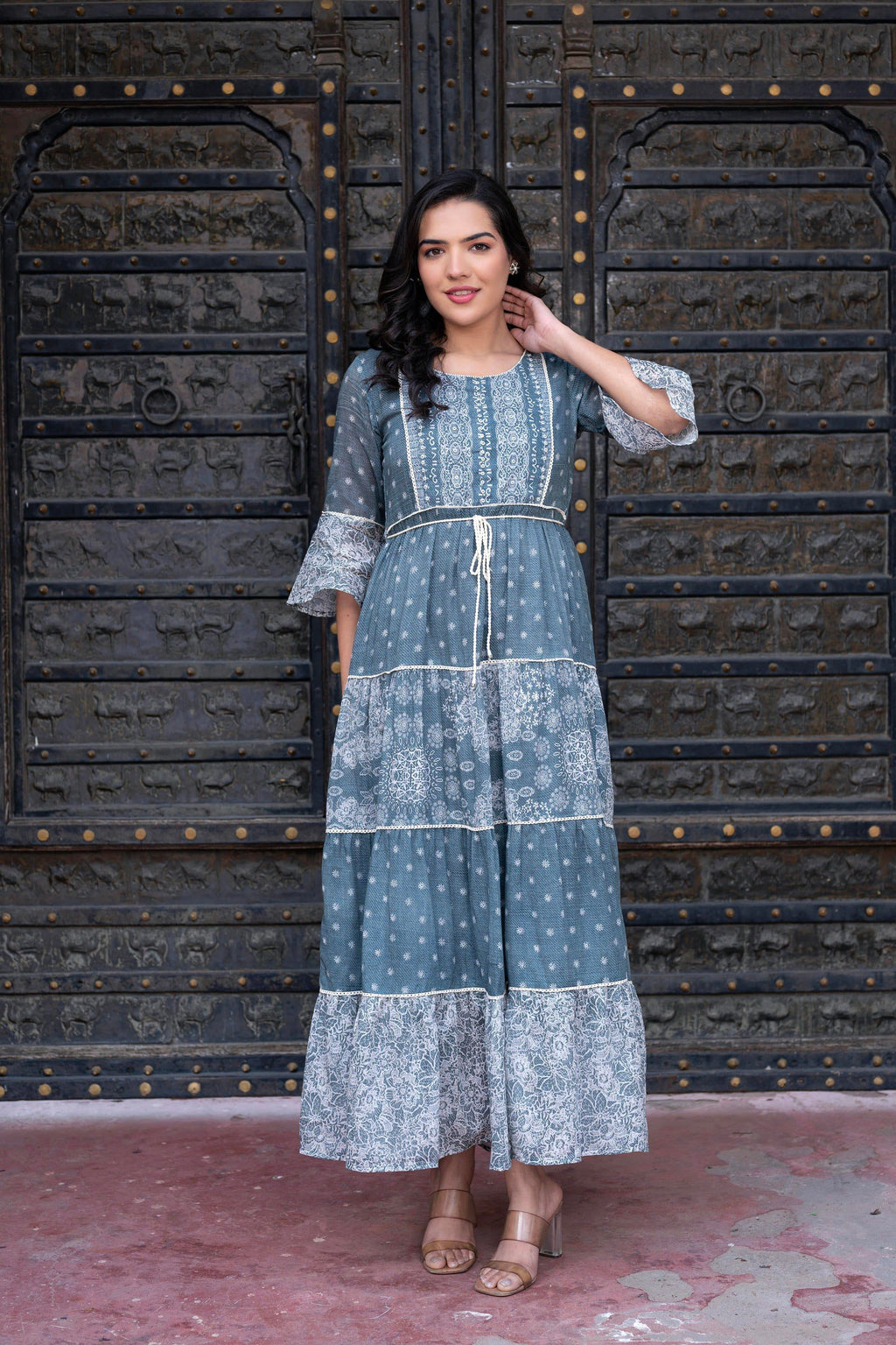 Juniper Grey Floral Printed Cotton Dress With Dori, Cotton Lace & Bead Work | Grocsy
