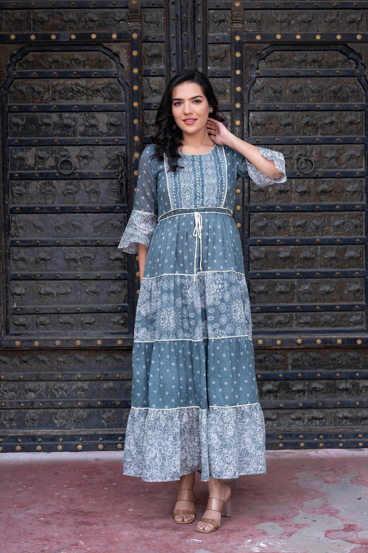 Juniper Grey Floral Printed Cotton Dress With Dori, Cotton Lace & Bead Work | Grocsy