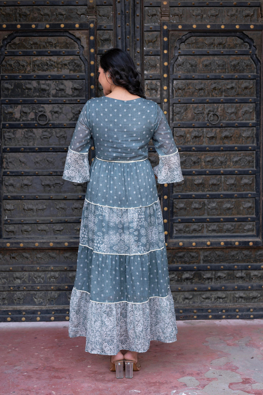Juniper Grey Floral Printed Cotton Dress with Dori, Cotton Lace & Bead Work | Grocsy