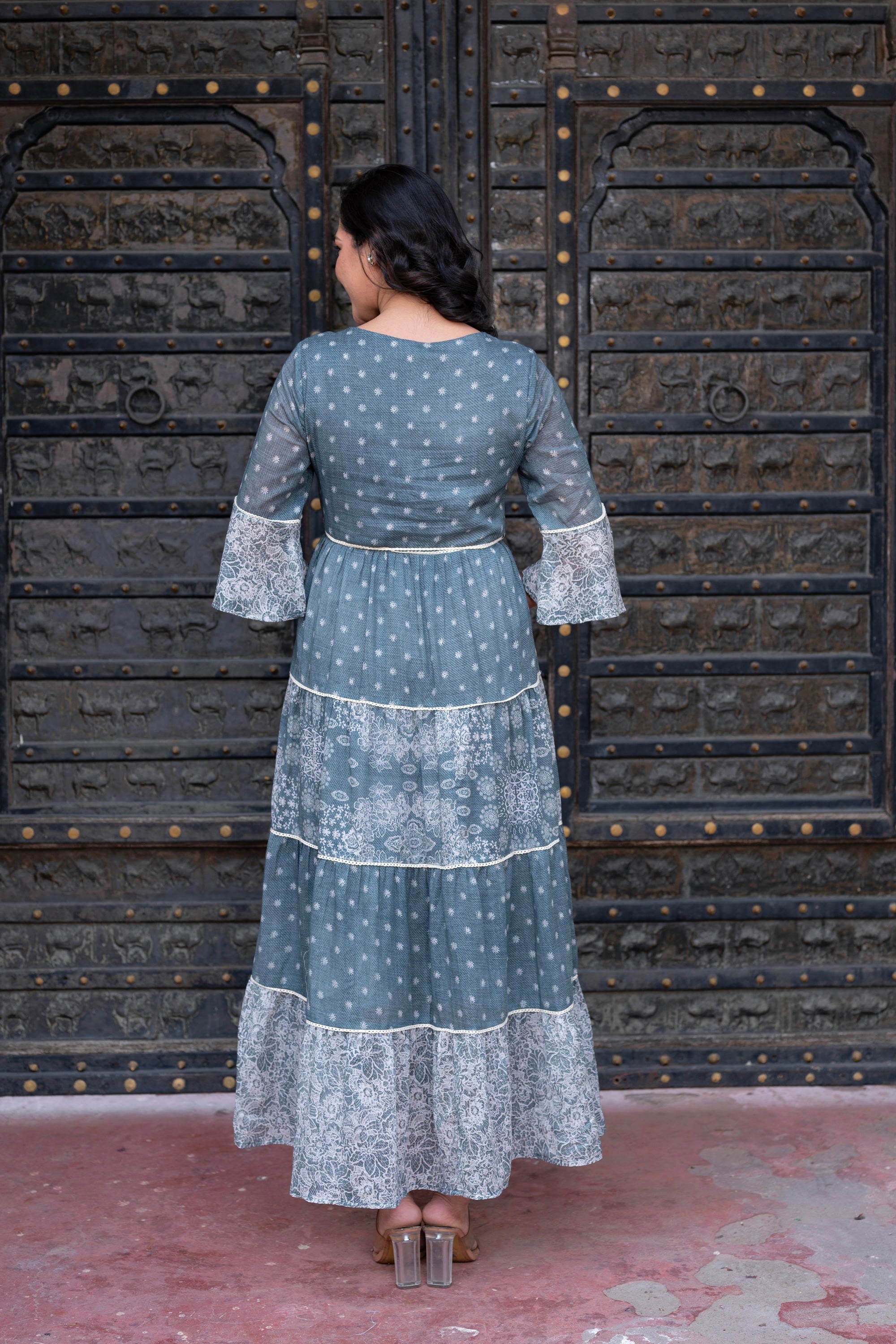 Juniper Grey Floral Printed Cotton Dress with Dori, Cotton Lace & Bead Work | Grocsy
