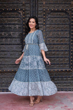 Juniper Grey Floral Printed Cotton Dress with Dori, Cotton Lace & Bead Work | Grocsy