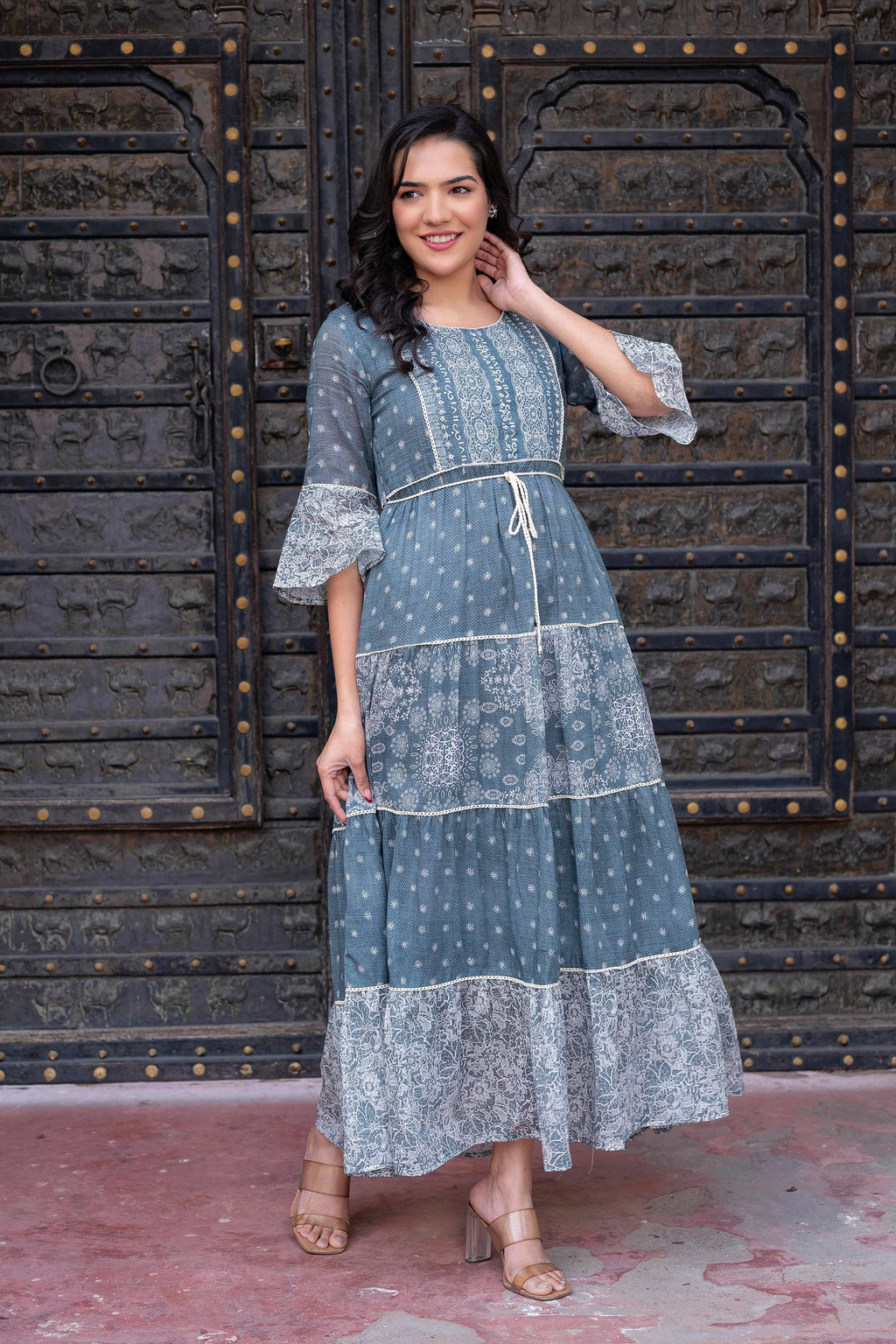 Juniper Grey Floral Printed Cotton Dress with Dori, Cotton Lace & Bead Work | Grocsy